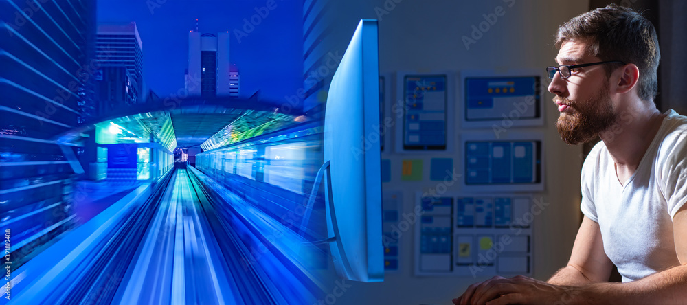Poster the concept of high-speed internet. a man at a computer on the background of a fast-moving train. hi