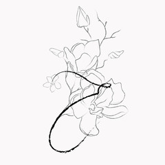 Fototapeta premium Handwritten Floral Logo Template. Line Drawing Monogram E with Magnolia Flower, Plants, Branches, Leaves. Design Element Vector Illustration. Branding. Wedding, photography, art, studio