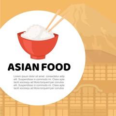 Asian food and chinese, japanese cuisine cartoon vector illustration. Trditional rice and sushi oriental asian food poster with asia cityscape for festival, shop, menu or cafe, restaurant, sticker.