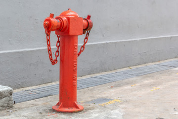Vintage red street fire hydrant on a gray wall background. Copy space. Close-up