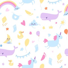 Baby shower seamless vector pattern. Illustration for birthday invitation with cute cartoon toys and animals. Cute animals, unicorn, duck and whale, rainbow kids backdrop for baby shower.