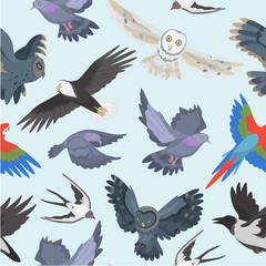 Ravenous birds seamless pattern, vector illustration. Owls, eagle, parrot and raven with dove. Realistic cartoon birds. Predatory forest birds. Design of textiles, paper, wallpaper.