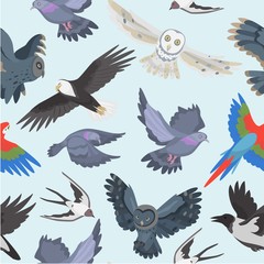 Fototapeta premium Ravenous birds seamless pattern, vector illustration. Owls, eagle, parrot and raven with dove. Realistic cartoon birds. Predatory forest birds. Design of textiles, paper, wallpaper.