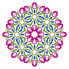 Fototapeta na wymiar Ceramic tile pattern. Decorative round ornament. White background with art frame. Islamic, indian, arabic motifs.