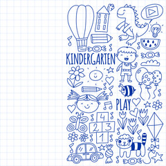 Vector pattern for kindergarten banners, posters with moon, planet, spaceship, rocket, sun, fruits, house, flowers. Creativity and imagination.