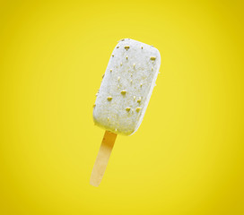 3d rendering scene with ice cream with nuts on the stick against yellow background