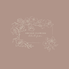 delicate line drawing vector floral wreath frame with hand drawn delicate orchid flowers, branches, leaves, plants. Botanical illustration. Leaf logo. Wedding invitation stationary