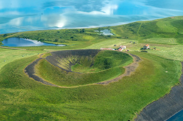 Volcanic craters in Iceland aerial view from above, Myvatn lake