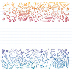 Cute school children. Imagination and creativity. Play and learn, singing, dancing, reading, drawing.