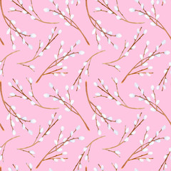 Watercolor pussy willow branches seamless pattern. Hand drawn tree twigs with buds isolated on pink background. Illustration for cards, postcard, cover design, invitation, Easter decoration.