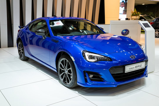 BRUSSELS - JAN 9, 2020: New Subaru BRZ car model showcased at the Brussels Autosalon 2020 Motor Show.