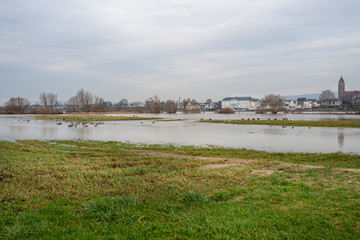 The high state of the Rhine in western Germany, water has risen from the riverbed.