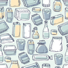 Product packaging Vector Seamless Pattern. Food and drink Packing. Hand Drawn doodle: cans and bottles, plastic boxes, cardboard and paper package blank objects