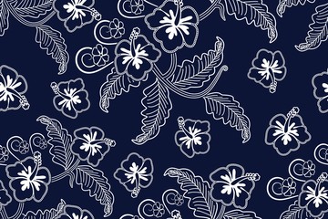 Seamless pattern with floral Illustration, Indonesian batik motif,  Hibiscus vector art