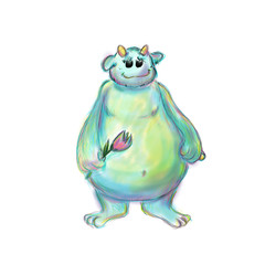 cute colorful monster full of love wants to congratulate you on the holiday. digital Illustration for Valentine's day. March 8. birthday.copy space. vertical. clipart.