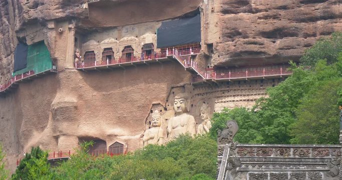 Maijishan Cave-Temple Complex in Tianshui city, Gansu Province China. A mountain with religious caves on the Silk Road