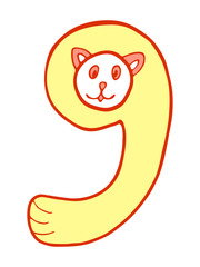 Number nine with cat in doodles style. Kids font vector Illustration on a white background.