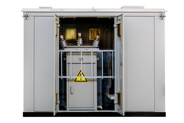 Complete transformer substation KTP, side view with open doors. White background, isolated