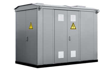 Complete transformer substation KTP, view from the half-side. White background, isolated