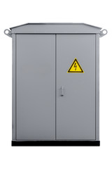 Complete transformer substation KTP, end view. White background, isolated