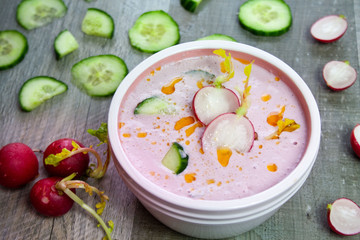 Spring cold soup made of radish, cucumbers and yogurt