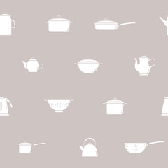 Kitchen dinnerware background - Vector seamless pattern solid silhouettes of knife, plate, spoon, fork, cup, kettle, saucepan, mug and ladle for graphic design