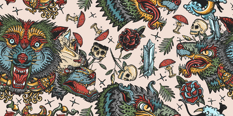 Wolf head vintage seamless pattern. Retro style. Dark gothic. Old school tattoo art.  Aggressive wolves traditional tattooing background. Magic fairy tale style. Werewolf in sheep clothing