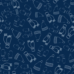 Vector White Knitted Hats, Scarves Mittens on Blue Bacground Seamless Repeat Pattern. Background for textiles, cards, manufacturing, wallpapers, print, gift wrap and scrapbooking.