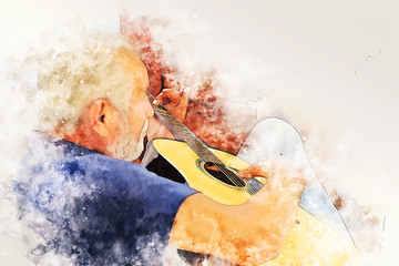Fototapeta premium Abstract colorful senoir man playing acoustic guitar in the foreground on Watercolor painting background and Digital illustration brush to art.