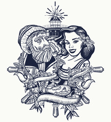 Sea wolf captain and sailor girl. Love story. Old school tattoo. Marine art. Traditional tattooing style