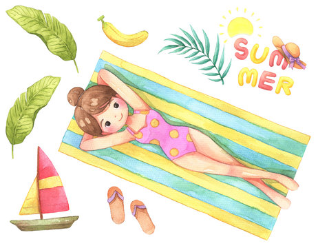 watercolor girl relaxing summer beach scene clip art preview