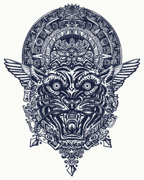 Tiger head and mayan sun calendar. Wild cat totem, jungle art. Mesoamerican mexican culture. Esoteric tattoo and t-shirt design