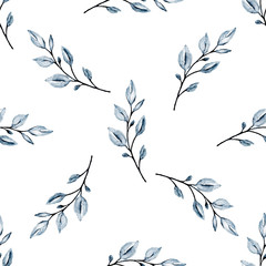 Seamless texture with watercolor gray leaf, repeating background. Floral pattern, leaves wallpaper perfectly for wrapping paper, fabric, backdrop. 