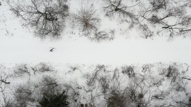 Aerial view of a professional athlete cross country skiing. Aerial top down view, cross country skiing in winter forest