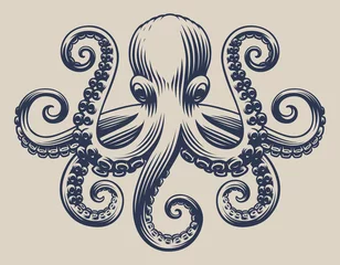 Fotobehang Vintage illustration with an octopus for seafood theme © Natalia