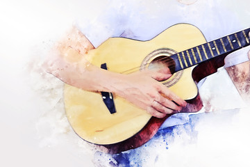 Abstract beautiful man guitarist playing acoustic guitar in the foreground on Watercolor painting background and Digital illustration brush to art.