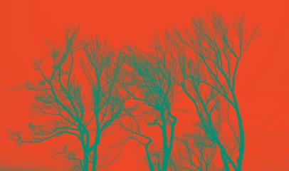 Neon green silhouette trees with red background as sky