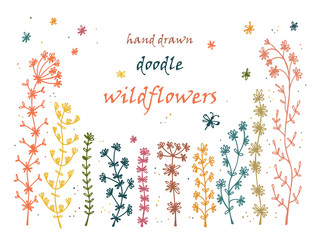 Floral frame. Hand drawn doodle Wild Flowers. Floral Set - Vector illustration. Floral background. Wildflowers. Colorful Flowers. Grass. Invitation card template