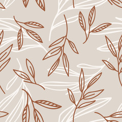 Seamless pattern design with leaf twigs. Doodles and sketches vector illustration background.