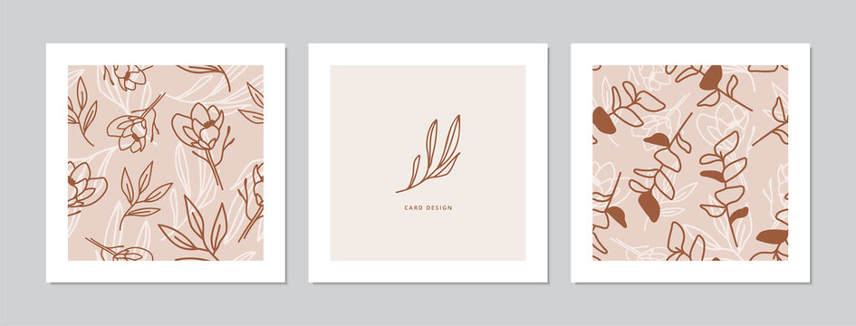 Square card designs with magnolia flower and leaf twigs patterns.  Doodles and sketches vector illustration background.