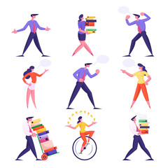 Set of Businesspeople Men and Women Carry Huge Piles of Document Folders, Deadline. Speaking and Yelling on Each Other with Speech Bubbles, Riding Monowheel Bike Cartoon Flat Vector Illustration
