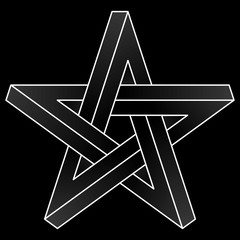 Impossible pentagram icon. White vector optical illusion shape on black background.