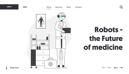 Modern Medicine Website Landing Page. Robot in Medical Robe Doctor Waiting Patient in Hospital. Artificial Intelligence Smart Technologies Web Page Banner. Cartoon Flat Vector Illustration, Line Art
