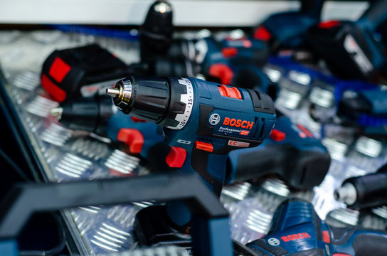 Kyiv, Ukraine - September 28, 2019: Close-up of different  BOSCH tools.