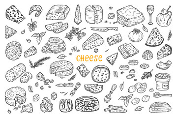 Hand Drawn Doodle various types of cheese: roquefort, parmesan, goat cheese, mozzarella, smoked gouda, blue cheese. Vector Set.