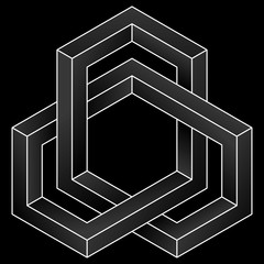 Impossible cube icon. White vector optical illusion shape on black background. - 321831266