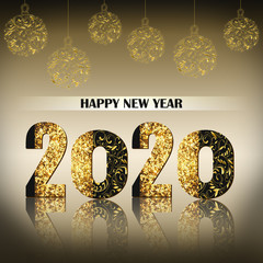 Beautiful Christmas and Happy New Year banner (poster) with copy space for your text. Shining decorative hand drawn christmas toys and the inscription Happy New Year 2020