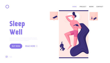 Human Dreaming Pose, Night Rest Recreation Website Landing Page. Young Male Character Sleeping on Bed with Dog Top View. Naked Man Hugging Blanket Web Page Banner. Cartoon Flat Vector Illustration