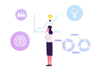 Thoughtful Business Woman with Glowing Light Bulb over Head Stand at Growing Arrow Chart Analysing Statistics Data Searching Solution Improvement Corporate Finance Situation Flat Vector Illustration