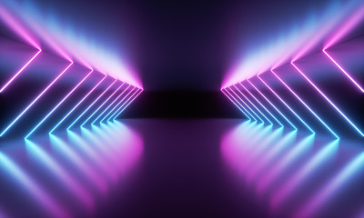 Blue and purple luminous fluorescent neon lights. Pure reflective dark metal surface. Sci Fi futuristic stage empty background. 3d rendering - illustration.Keywords language: English